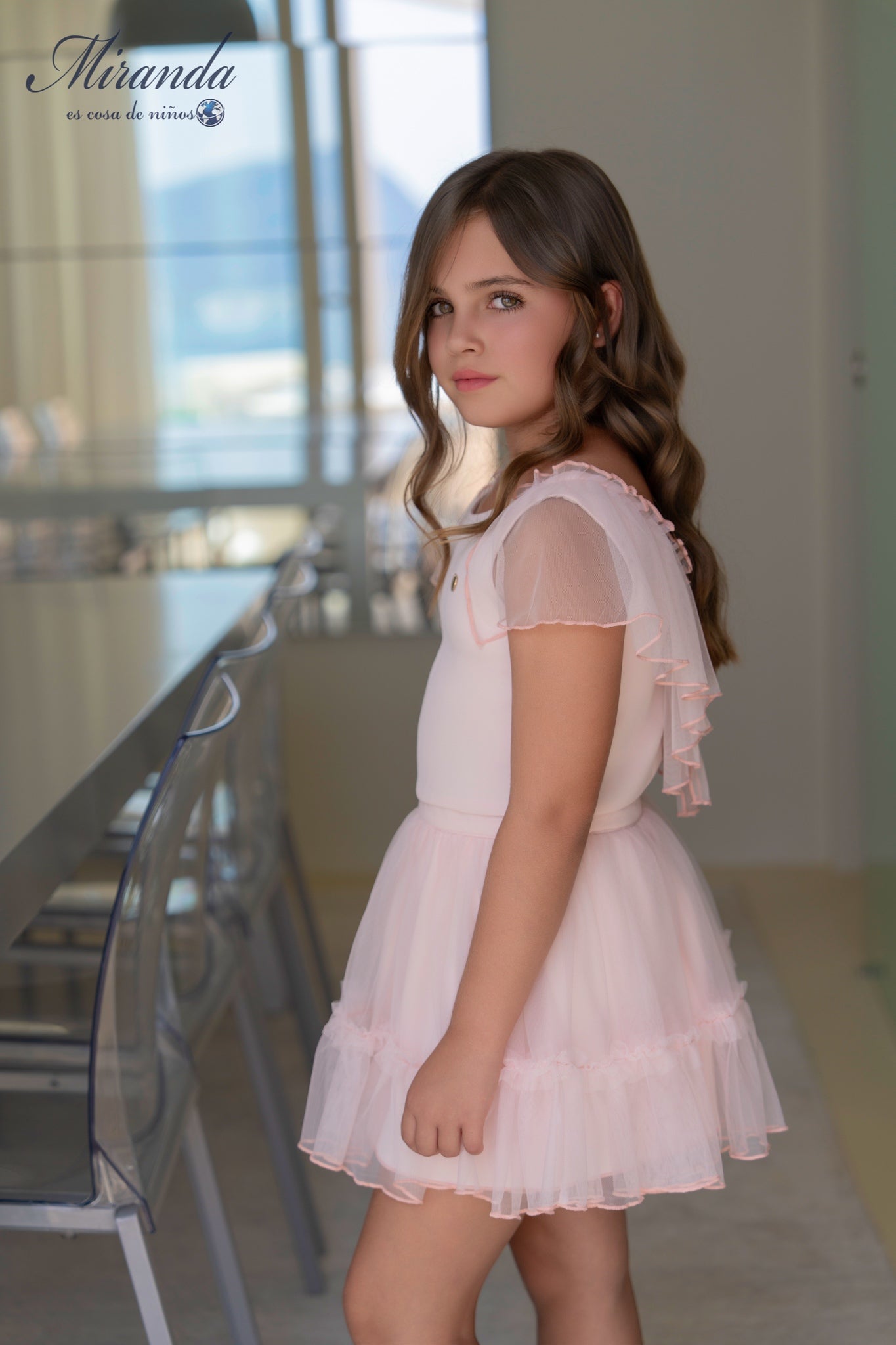 Conjunto niña rosa blusa tul y falda vuelo Miranda 0324
