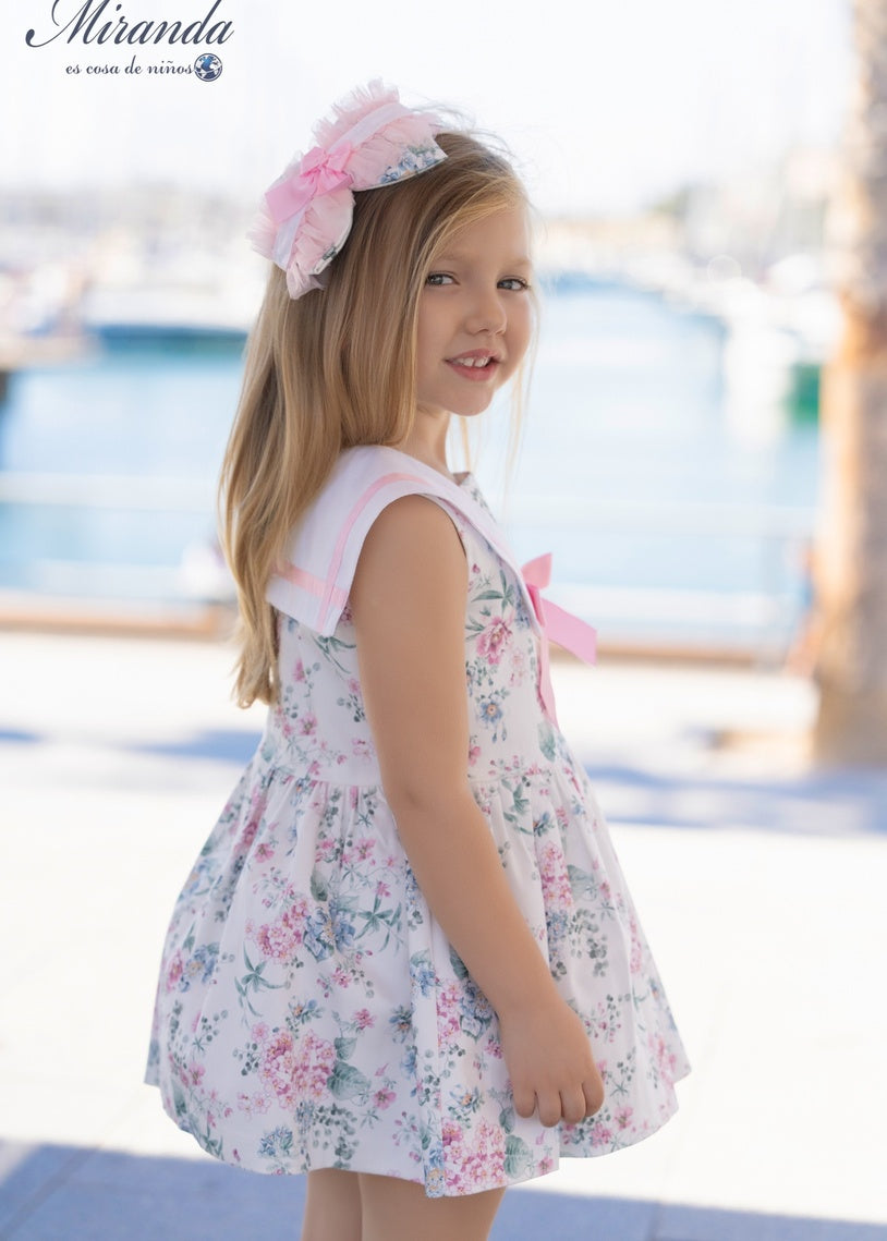 Vestido niña floral estilo marinero con lazo rosa | Miranda 0252