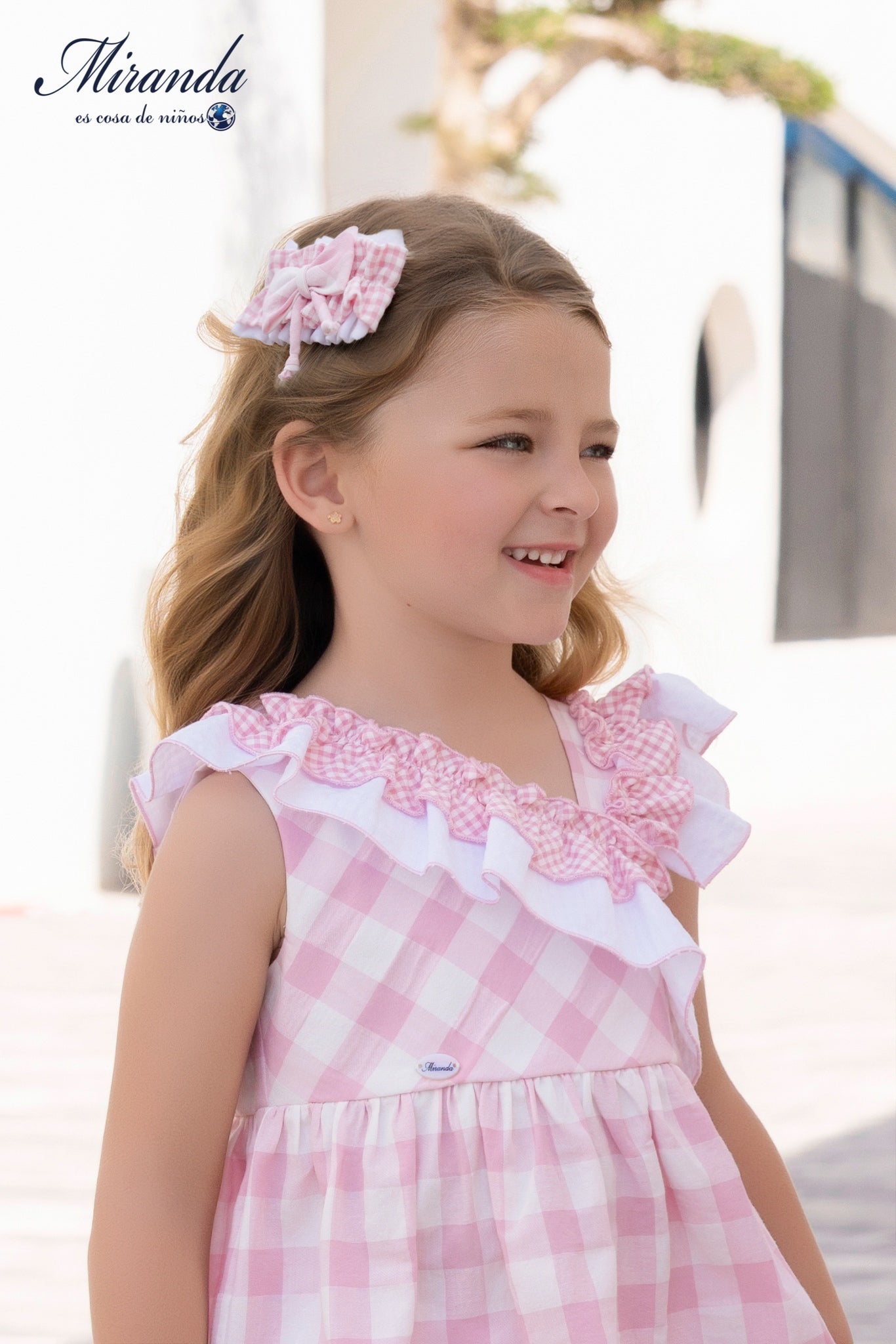 Vestido niña rosa cuadros con volantes y lazo Miranda 0602