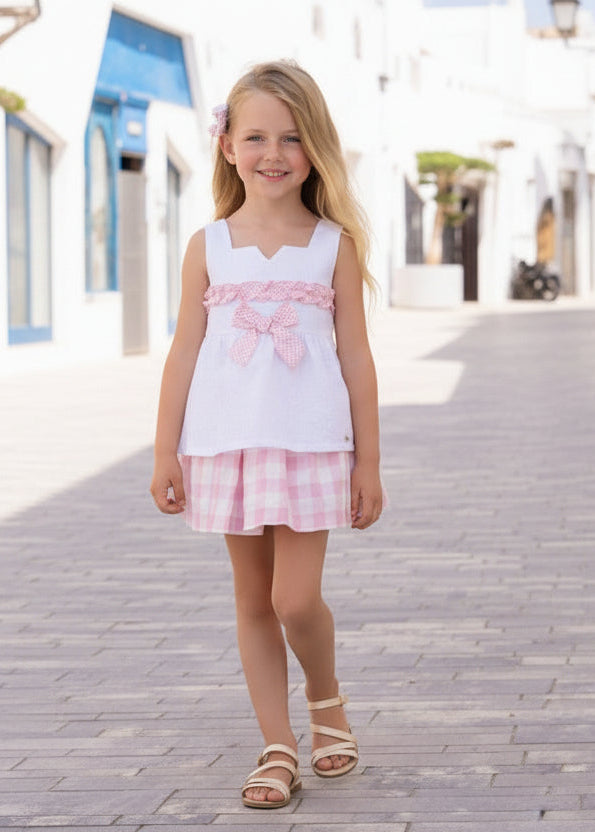 Conjunto niña blanco y rosa con lazo y falda cuadros Miranda 0602