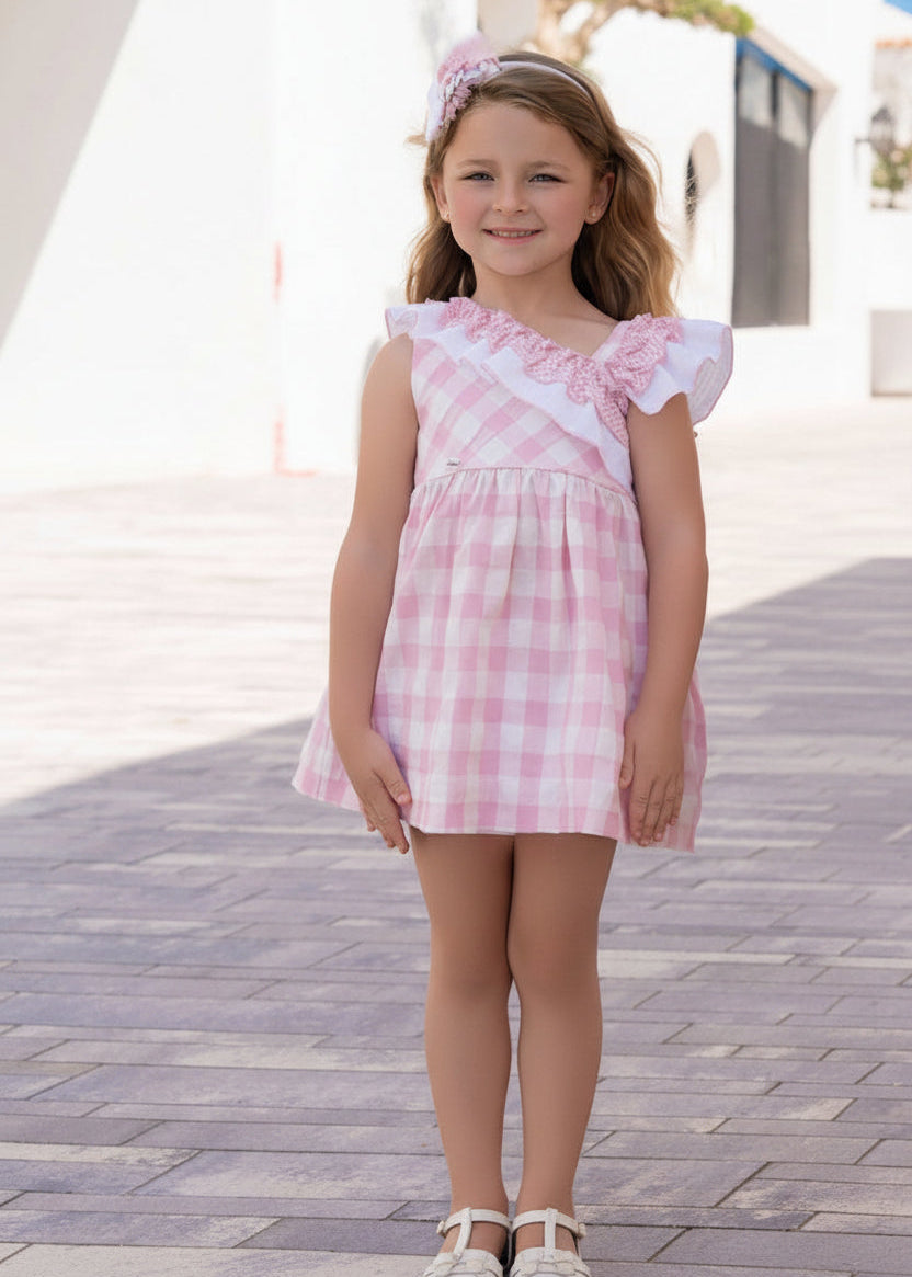 Vestido niña rosa cuadros con volantes y lazo Miranda 0602