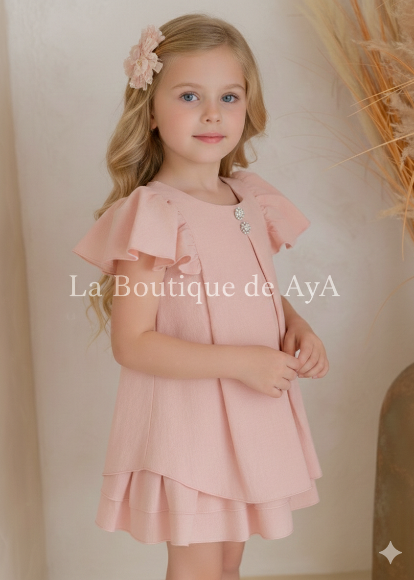 Vestido de Ceremonia Infantil Rosa con Volantes y Detalles Joyas 0231