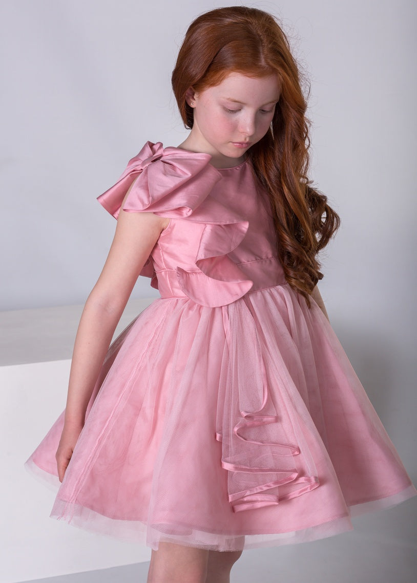Alta Costura - Vestido de Ceremonia Niña Giada Rosa con Lazo al Hombro y Tul - Meninas