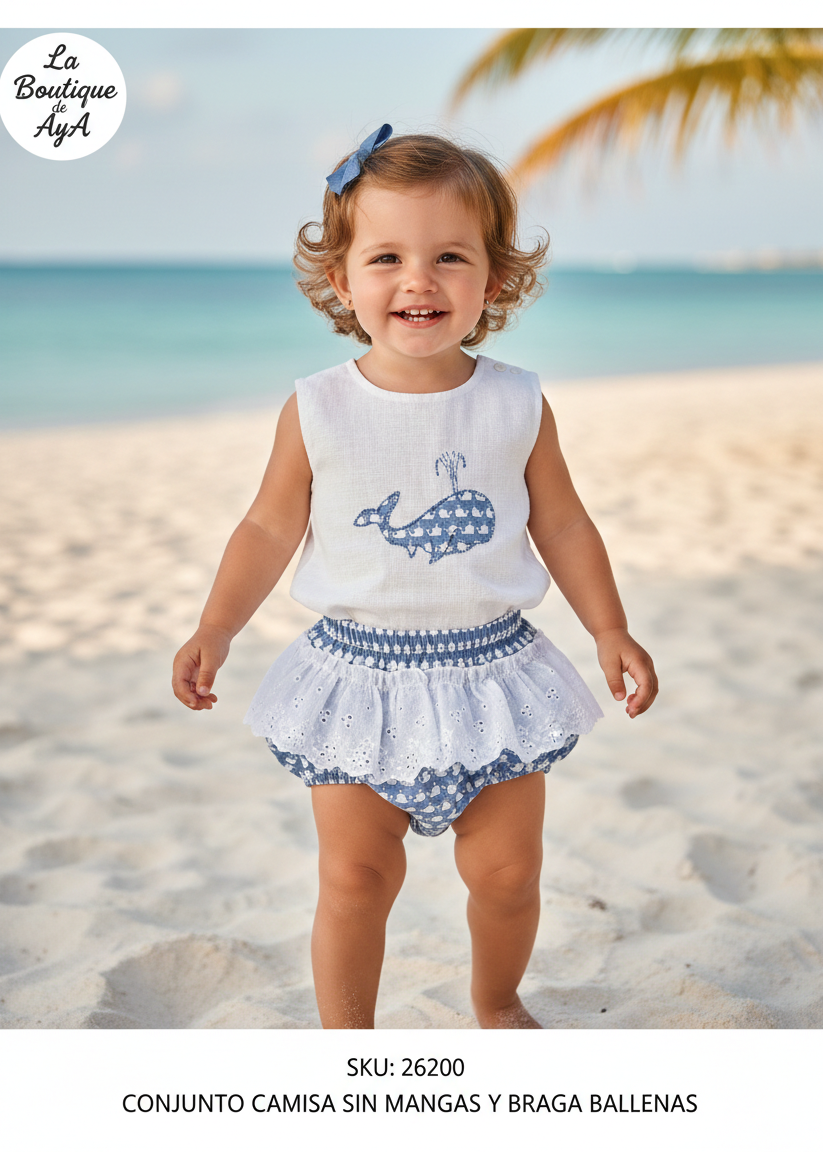 Conjunto Niña Juliana Camisa Blanca y Braga Volantes Estampado Ballenas 26200 | La Boutique de AyA