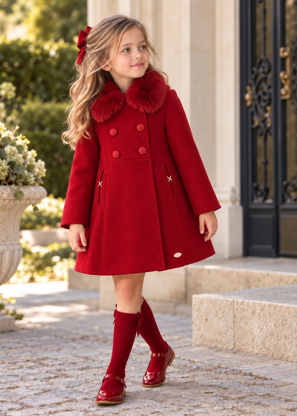 Abrigo rojo para niña Miranda con cuello de pelo 0262