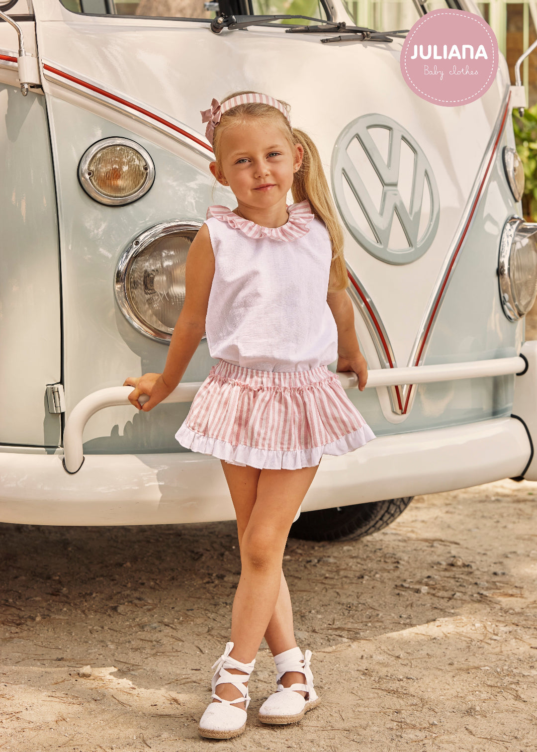 Conjunto Niña Juliana Camisa Blanca Cuello Volante y Braga Rayada Rosa 26201| La Boutique de AyA