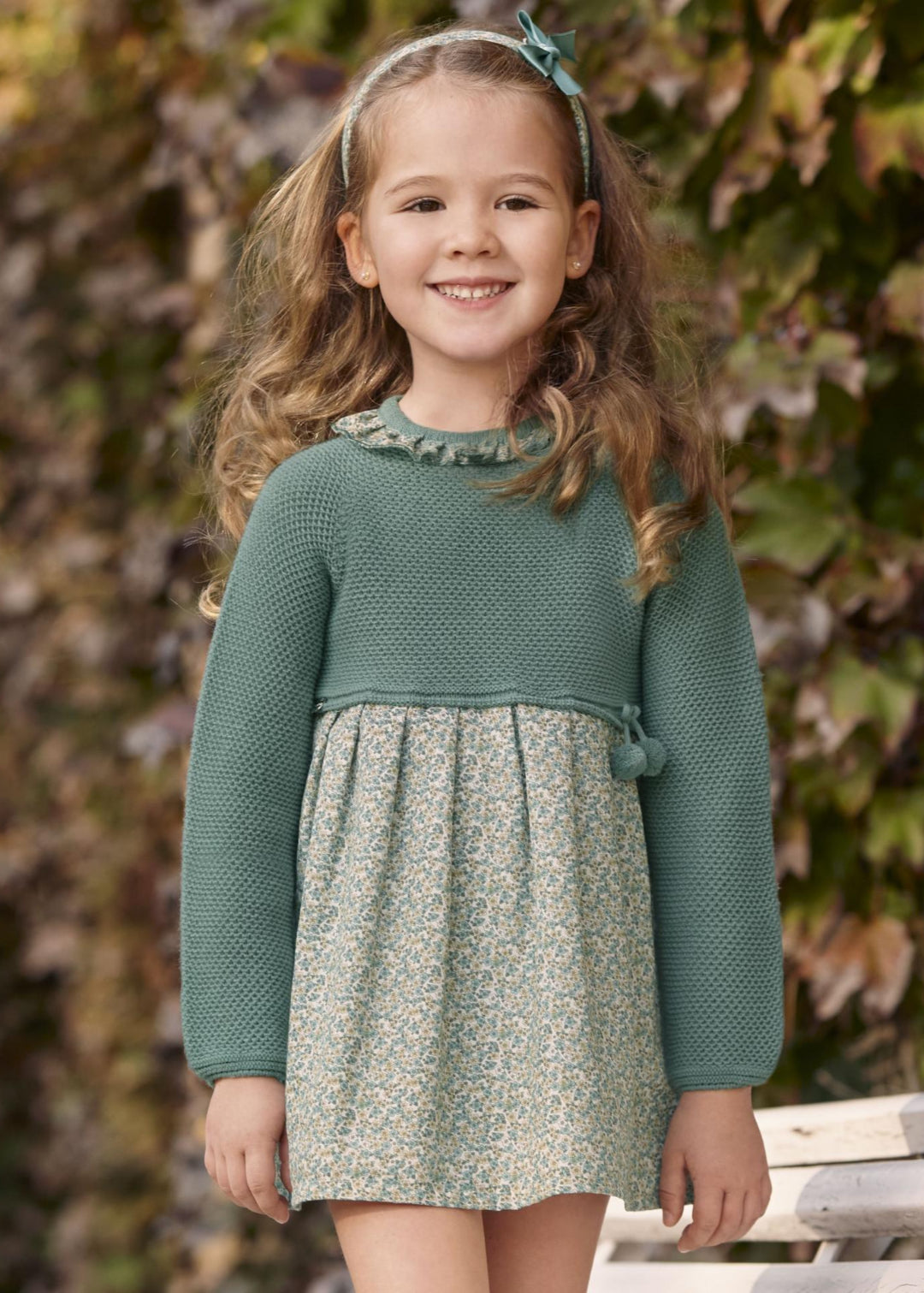 Vestido Cuerpo Punto Recogidas Estampado Flores verde hoja JULIANA 25651