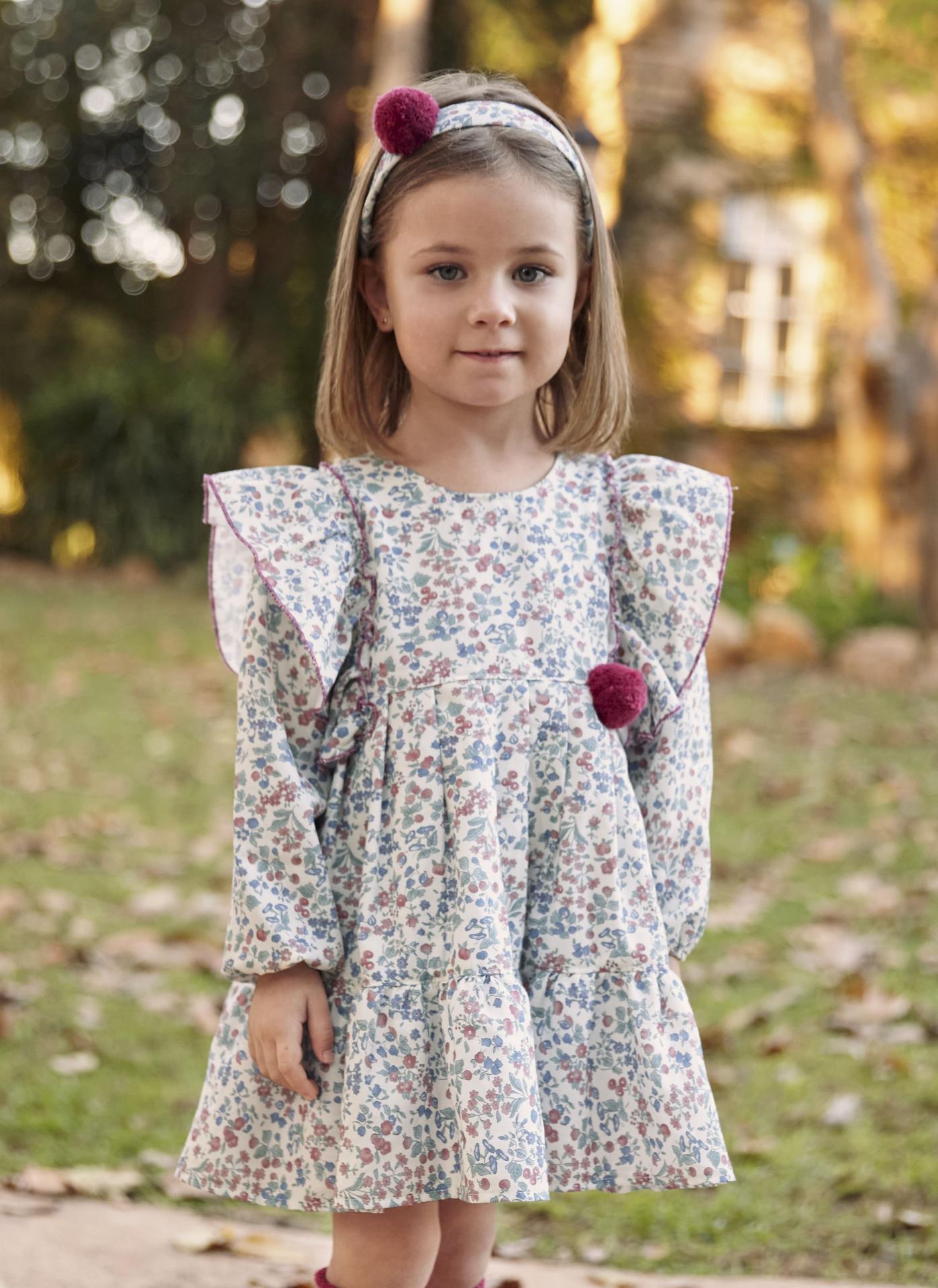 Vestido 2 Cortes Flores Volante Hombros fucsia JULIANA 25661