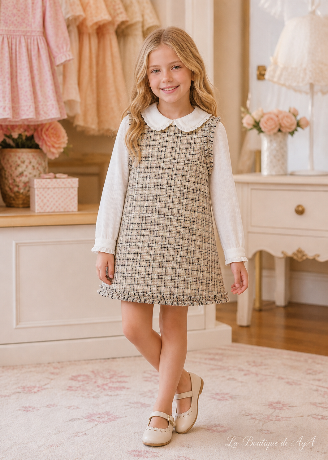 Vestido pichi tweed mazapán para niña Abel & Lula 05582 con modelo