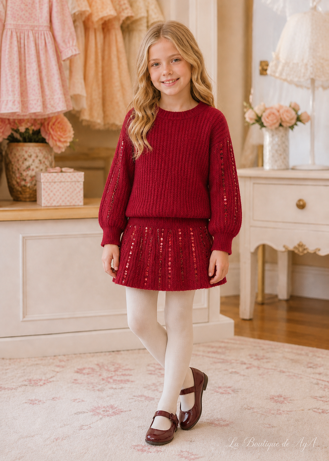 Conjunto de falda tricot lentejuelas teja para niña Abel & Lula 05593 con modelo