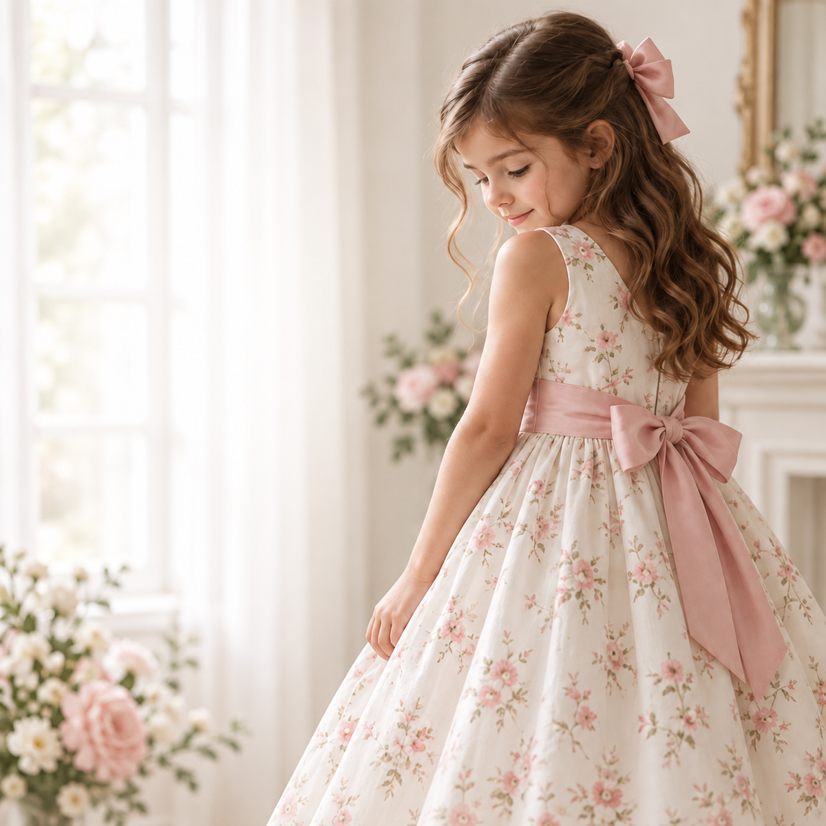 Imagen editorial de una niña con vestido floral y lazo rosa