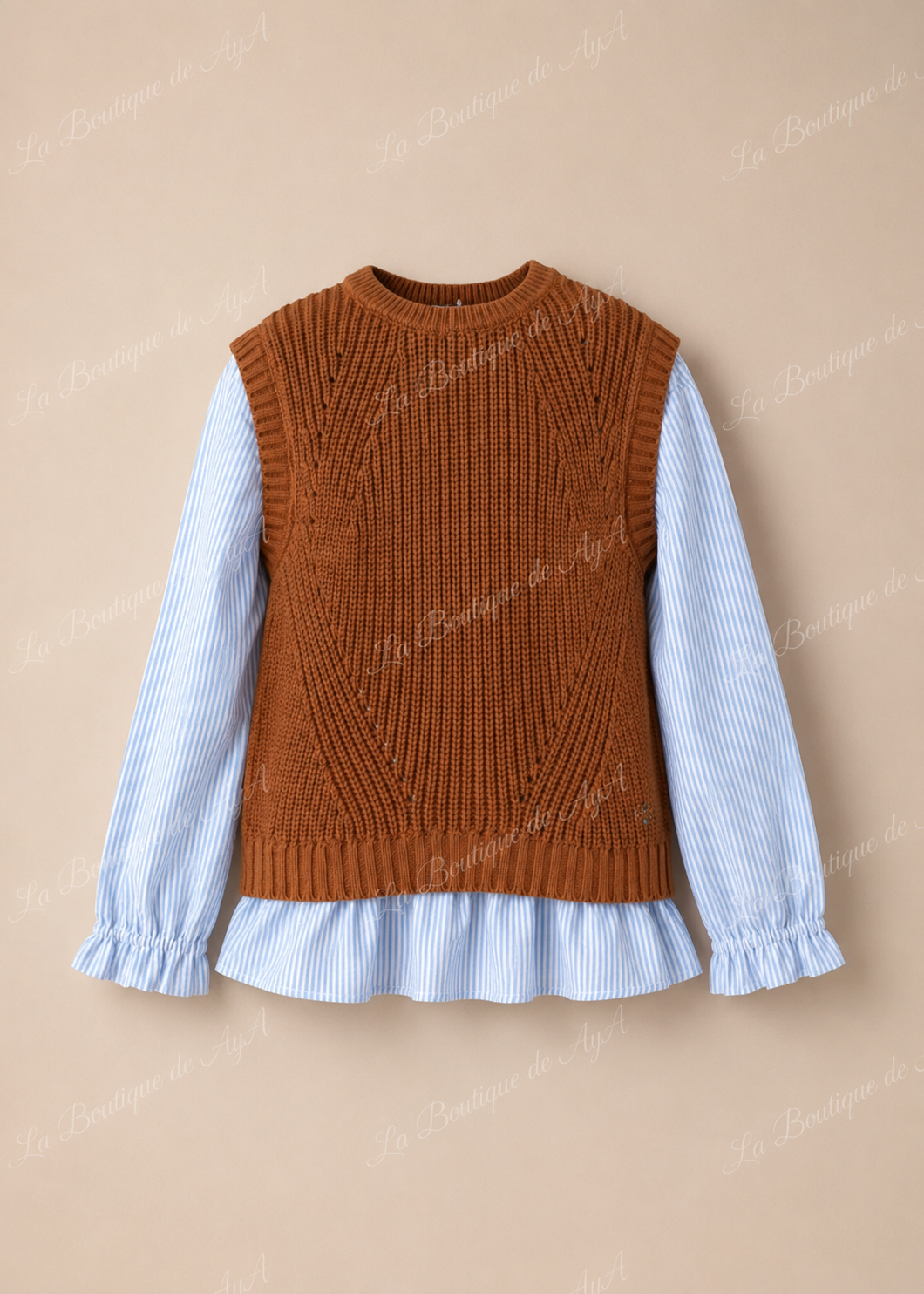 Blusa de rayas celestes con chaleco de punto camel para niña Miranda