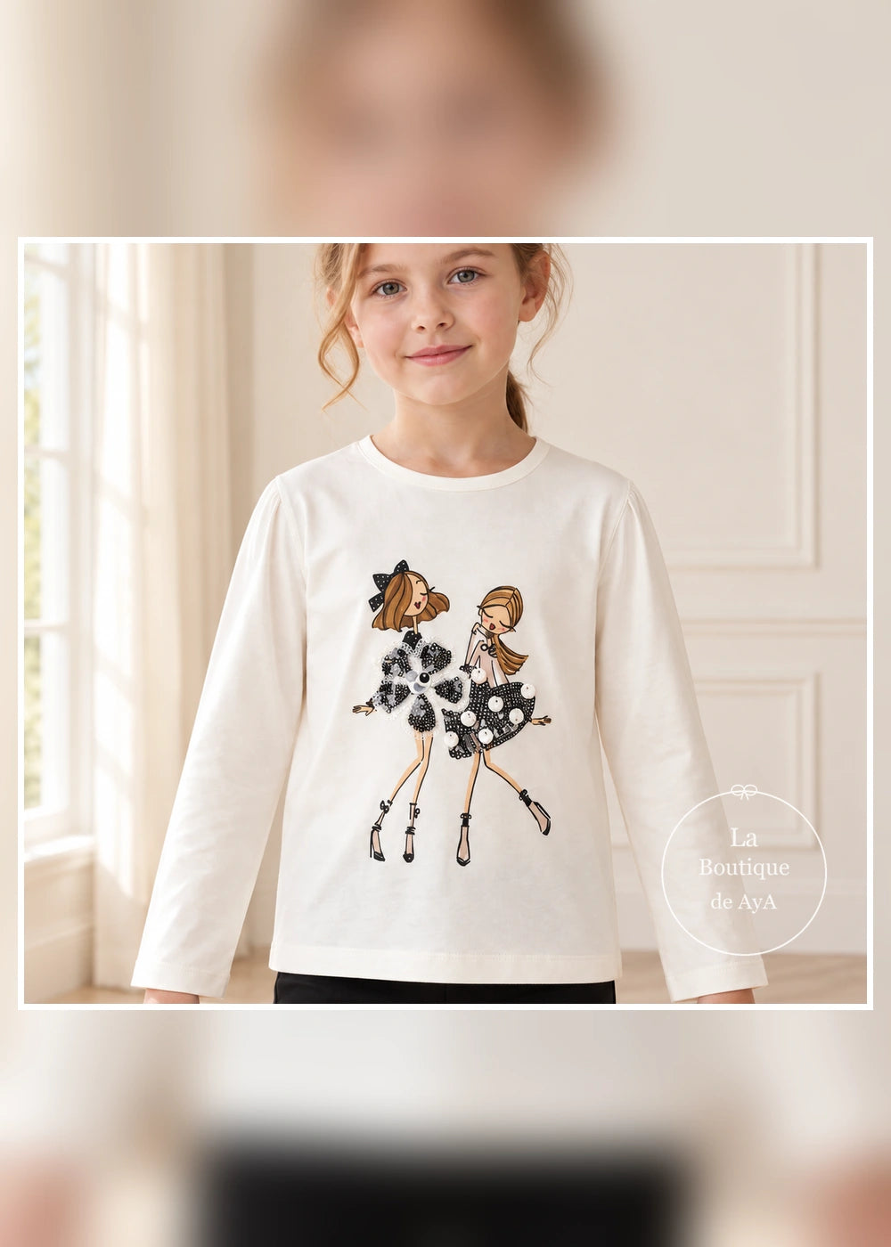 Camiseta ilustrada crudo y negro de manga larga para niña Mayoral, detalle del delantero