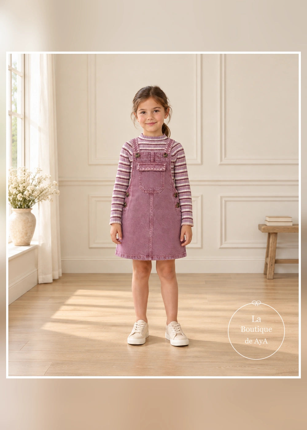 Conjunto de peto bordado uva y jersey de rayas para niña Mayoral, vista frontal
