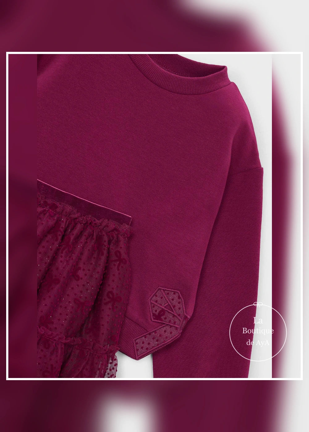 Conjunto sudadera y falda de tul framboise niña Mayoral 04934-060. Detalle del tejido y acabados.