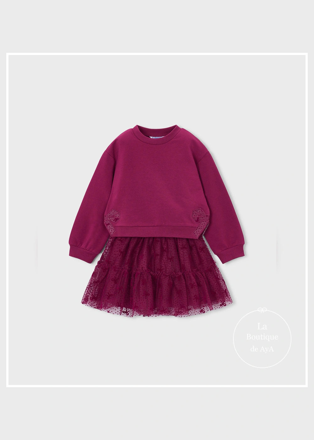 Conjunto sudadera y falda de tul framboise niña Mayoral 04934-060. Prendas solas, vista delantera.