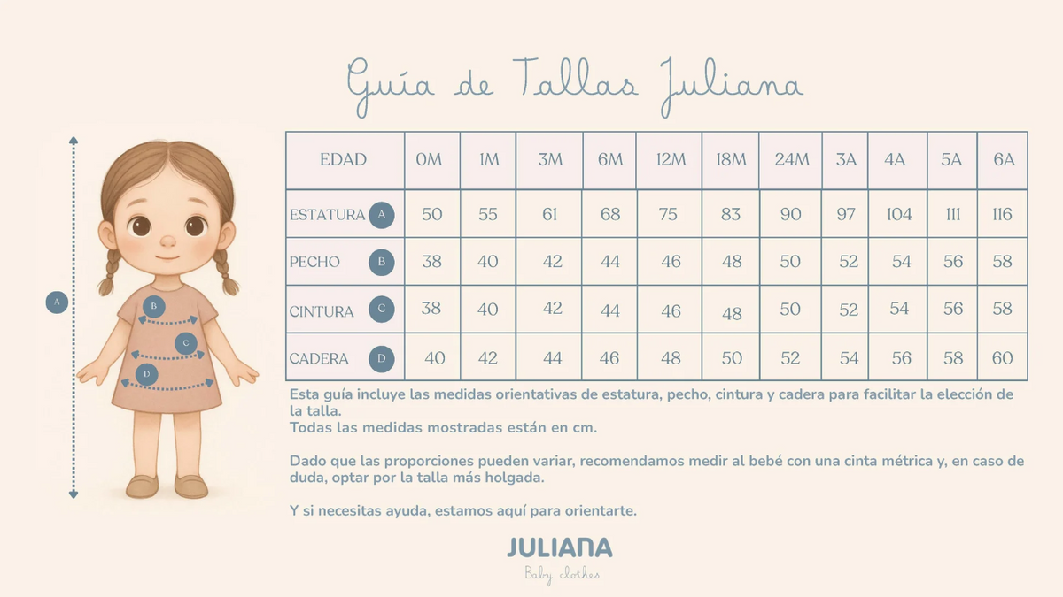 Guía de tallas Juliana con medidas orientativas de estatura, pecho, cintura y cadera en centímetros
