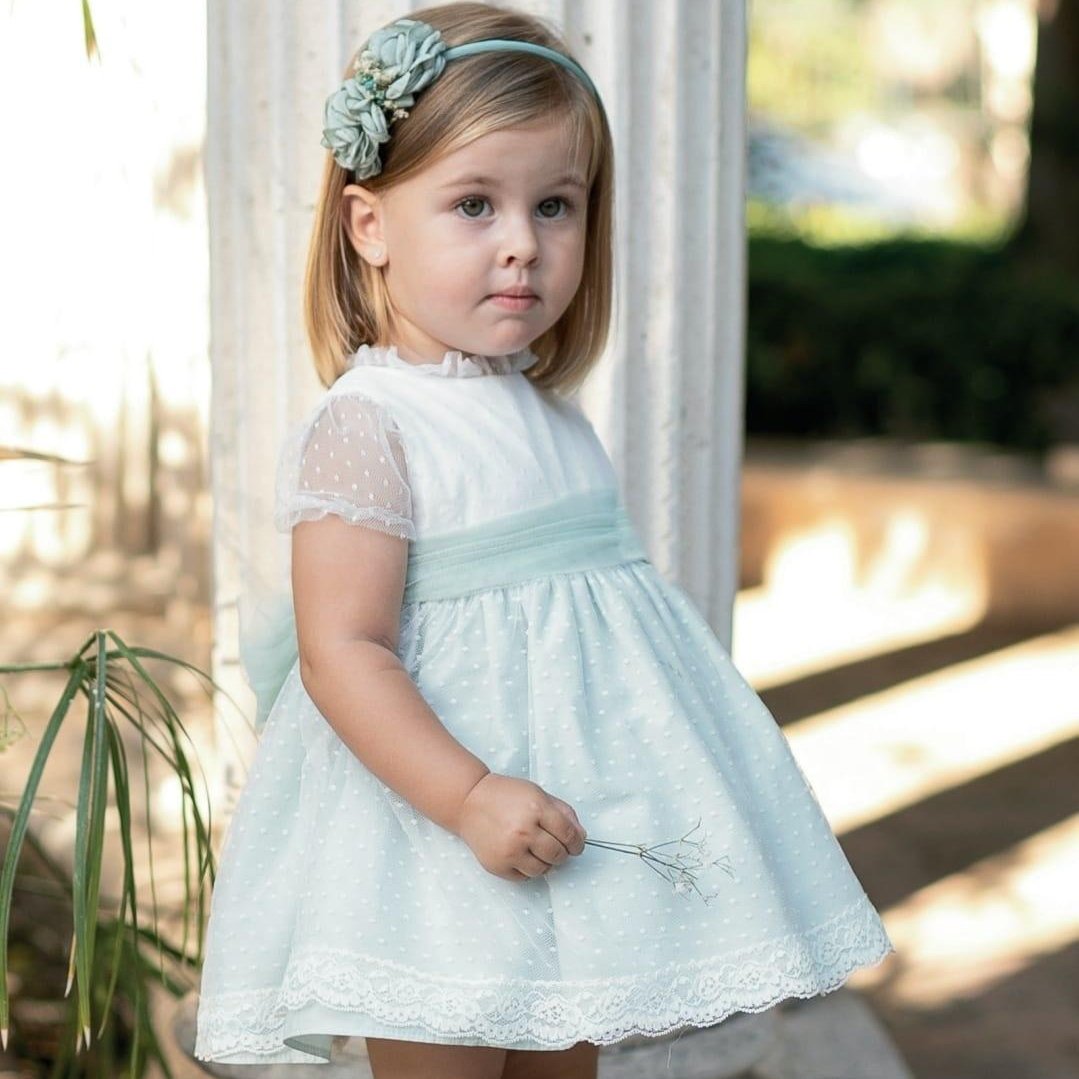 Vestido branco e calcinha com tule plumeti mais fita verde água Coco Acqua 60108