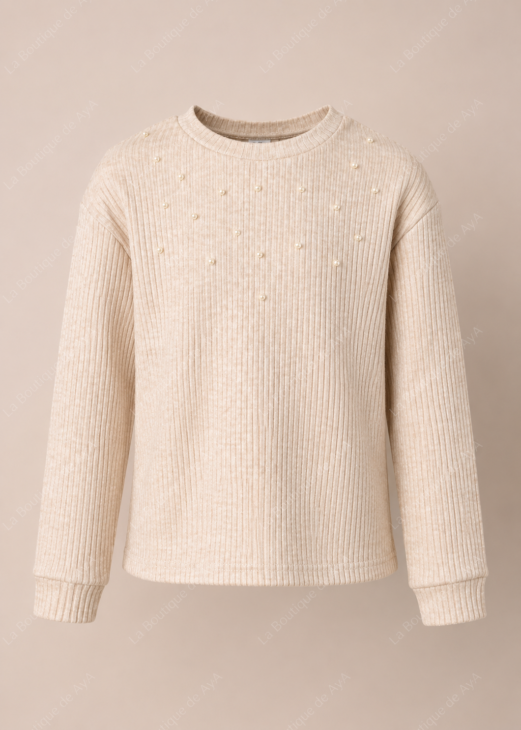 Jersey beige Miranda para niña de manga larga con detalles de perlas