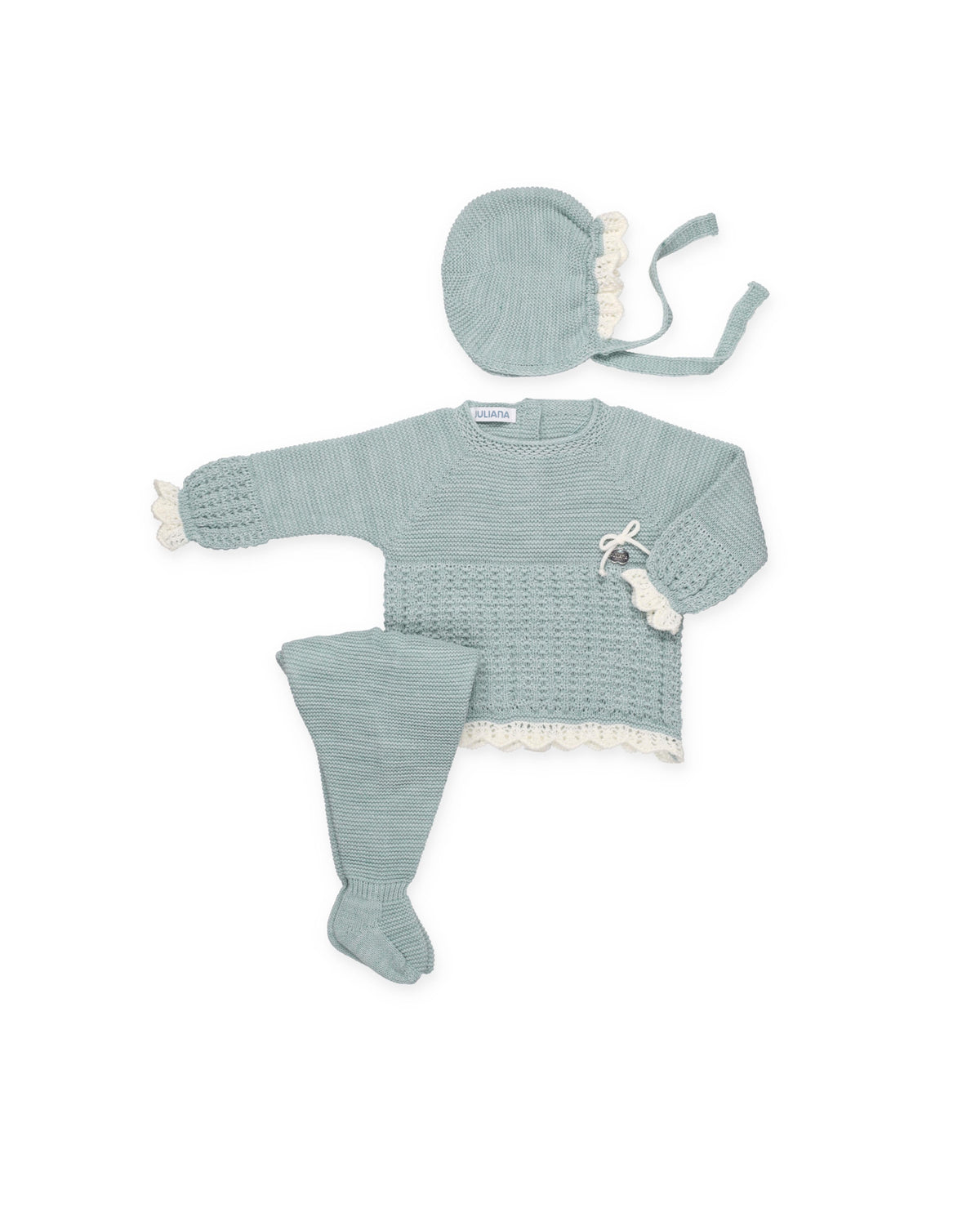 Conjunto Juliana 26545 recogidas y puntilla, jersey, polaina y gorrito 2