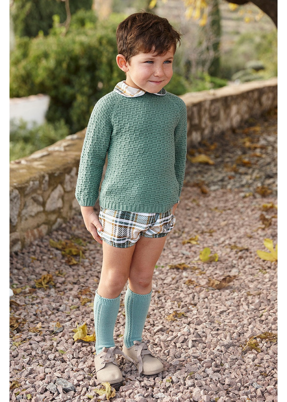 Conjunto bebé niño punto verde hoja y pantalón cuadros Juliana 26582, colección otoño invierno 2026/2027