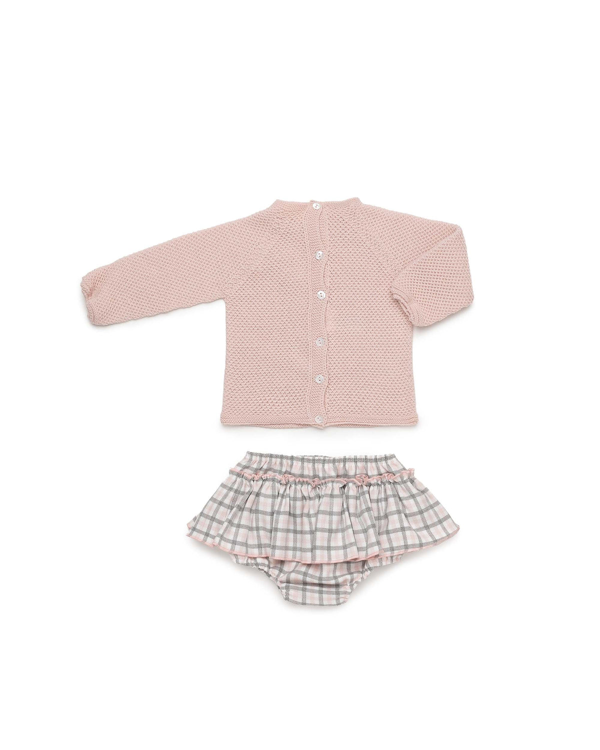 Conjunto bebé niña Juliana braga de cuadritos y volantes 26609, detalle de acabados, otoño invierno 2026/27