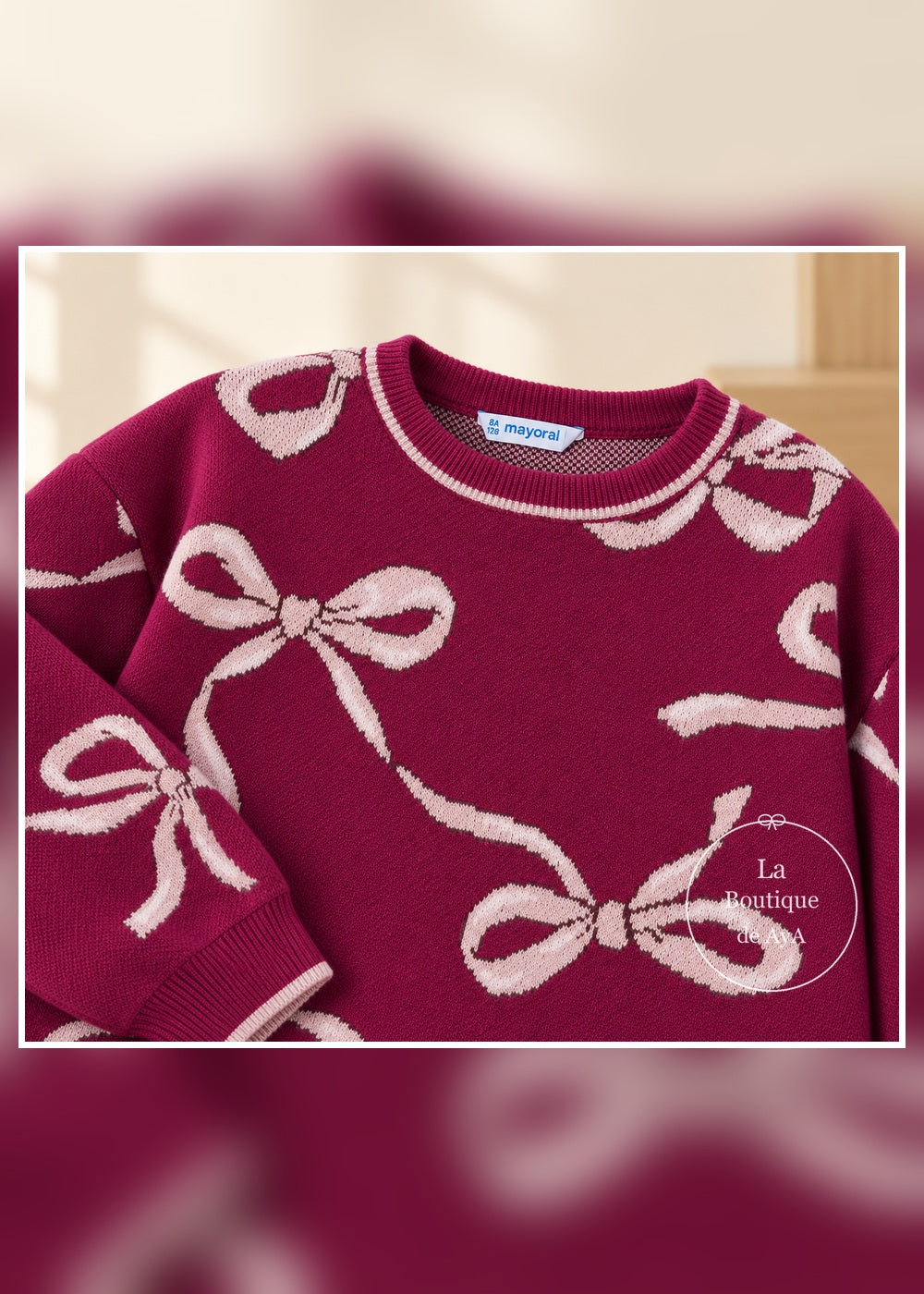 Conjunto de punto lazos framboise para niña Mayoral 04527: detalle de la prenda superior