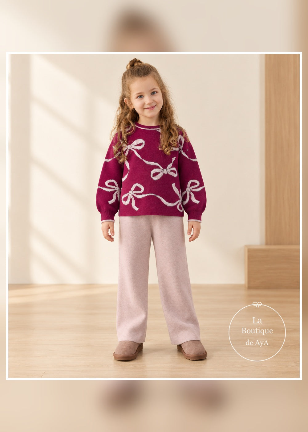 Conjunto de punto lazos framboise para niña Mayoral 04527 - vista frontal con modelo