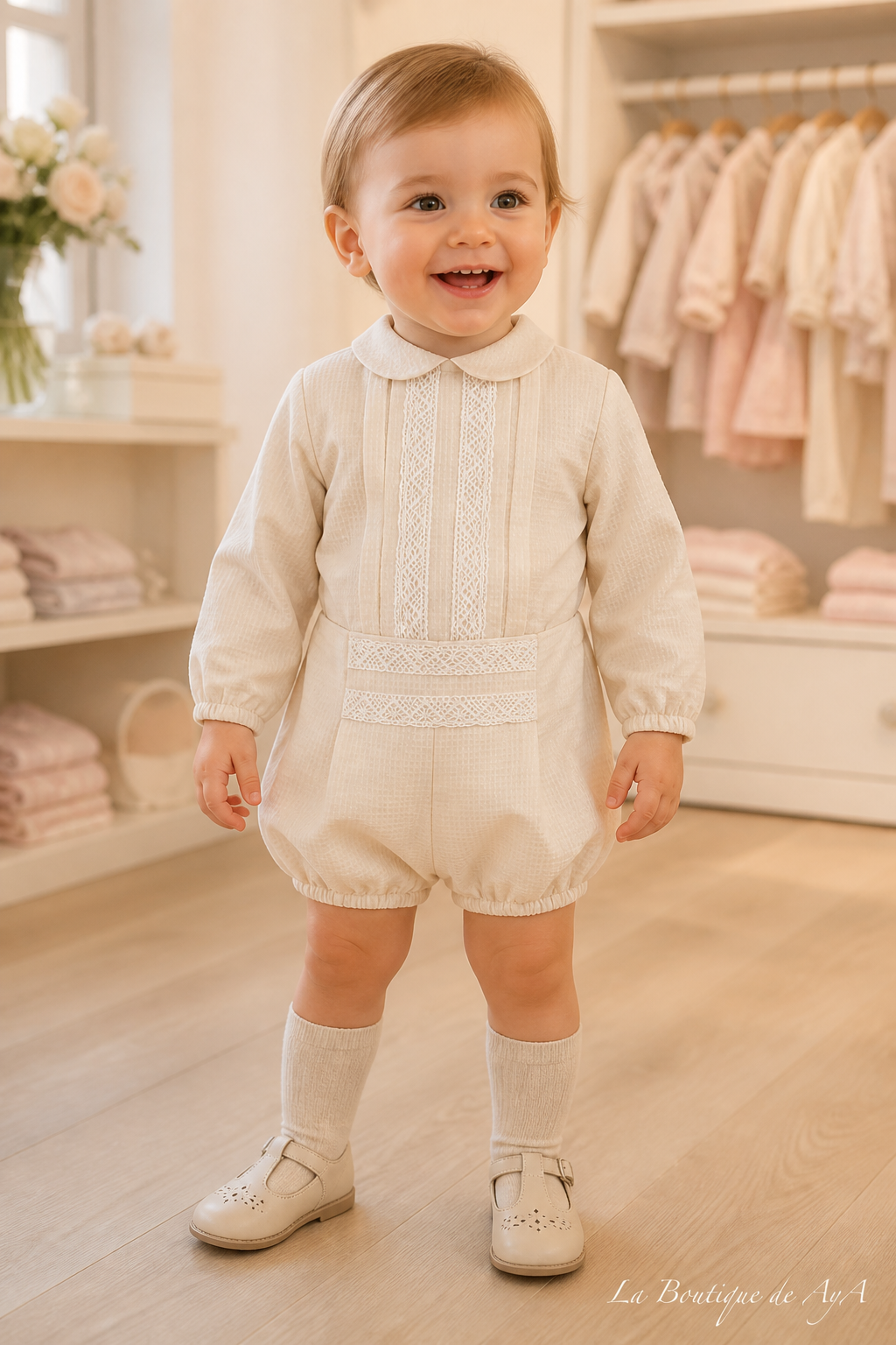 Bebé con conjunto Miranda beige 40/0020/23 - modelo con marca de agua La Boutique de AyA