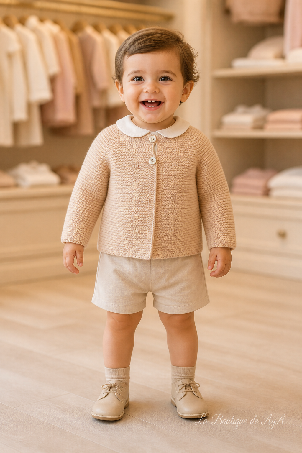 Bebé con chaqueta de punto Miranda beige y camel 40/0020/CH - modelo con marca de agua La Boutique de AyA