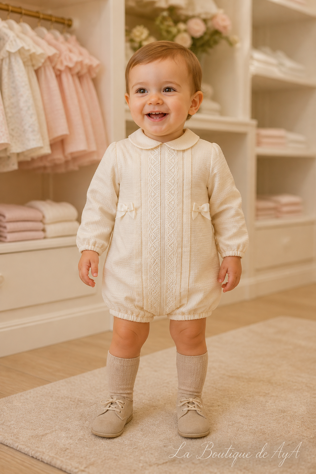 Bebé con pelele Miranda beige 40/0020/P - modelo con marca de agua La Boutique de AyA