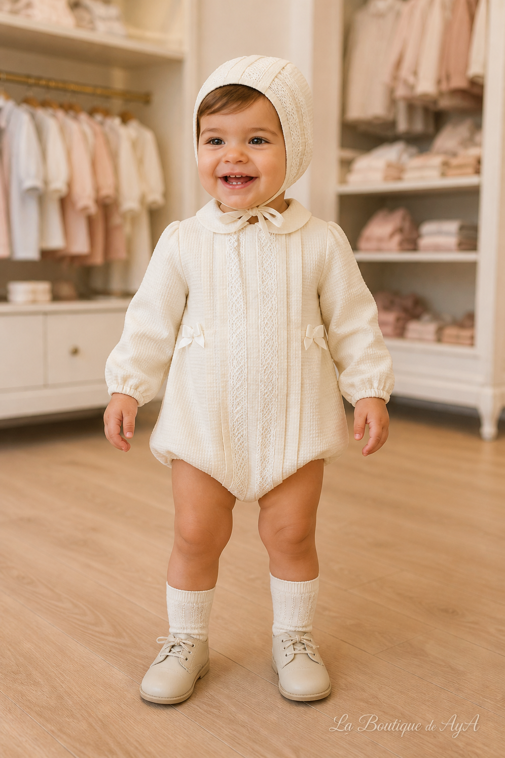 Bebé con pelele y capota Miranda beige 40/0020/PG - modelo con marca de agua La Boutique de AyA