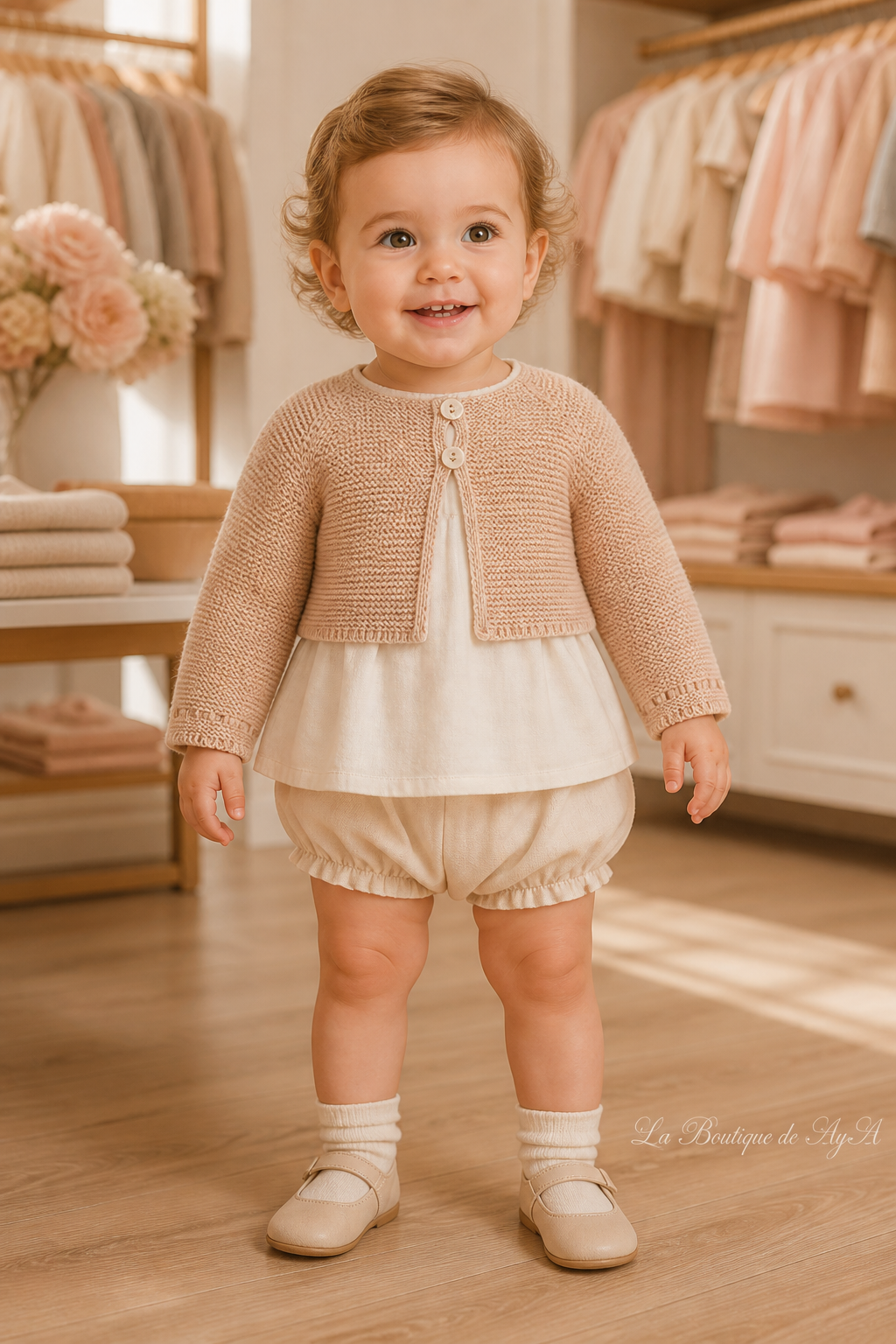 Bebé con rebeca Miranda beige y camel 40/0020/R - modelo con marca de agua La Boutique de AyA
