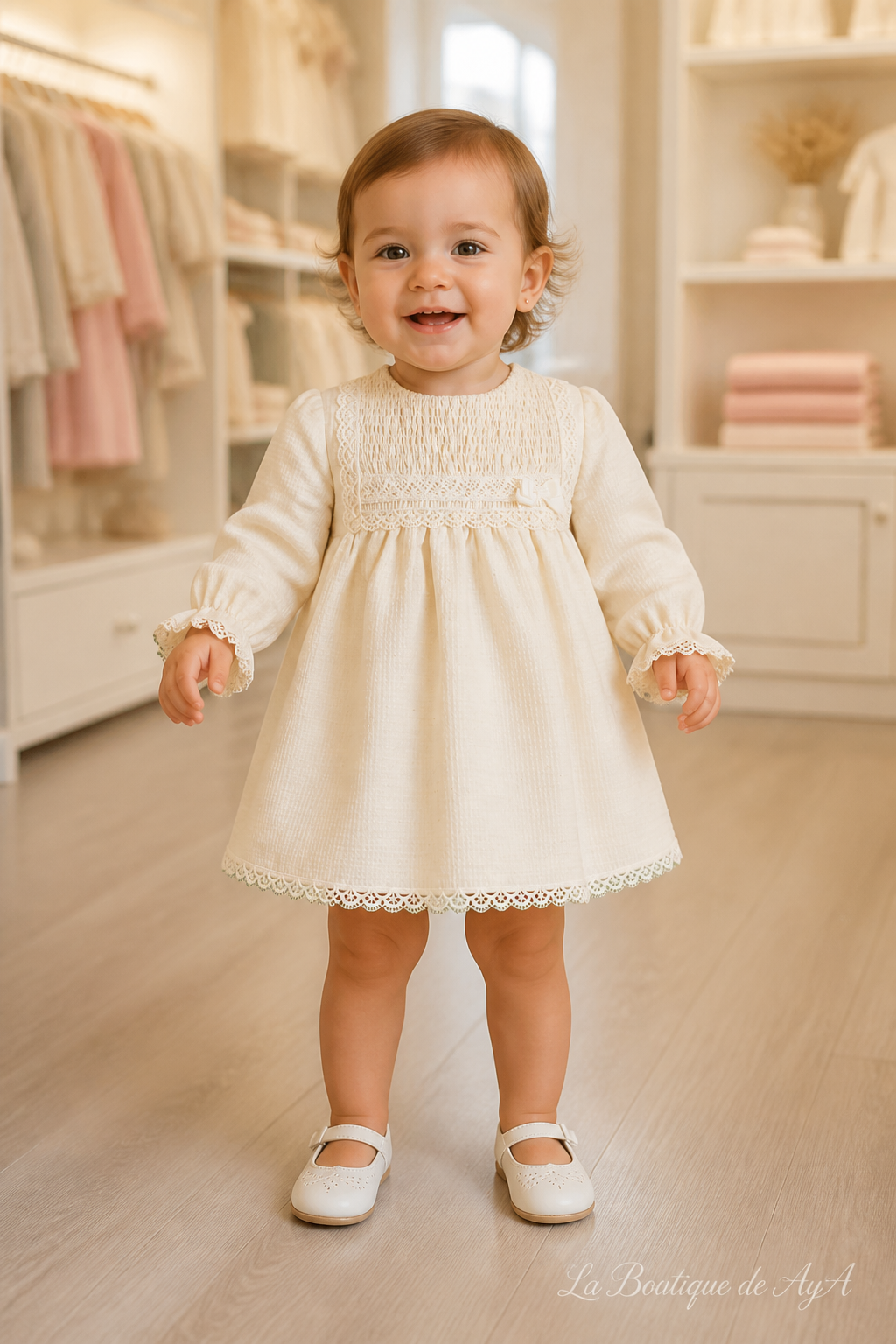 Bebé con vestido Miranda beige 40/0020/V - modelo con marca de agua La Boutique de AyA