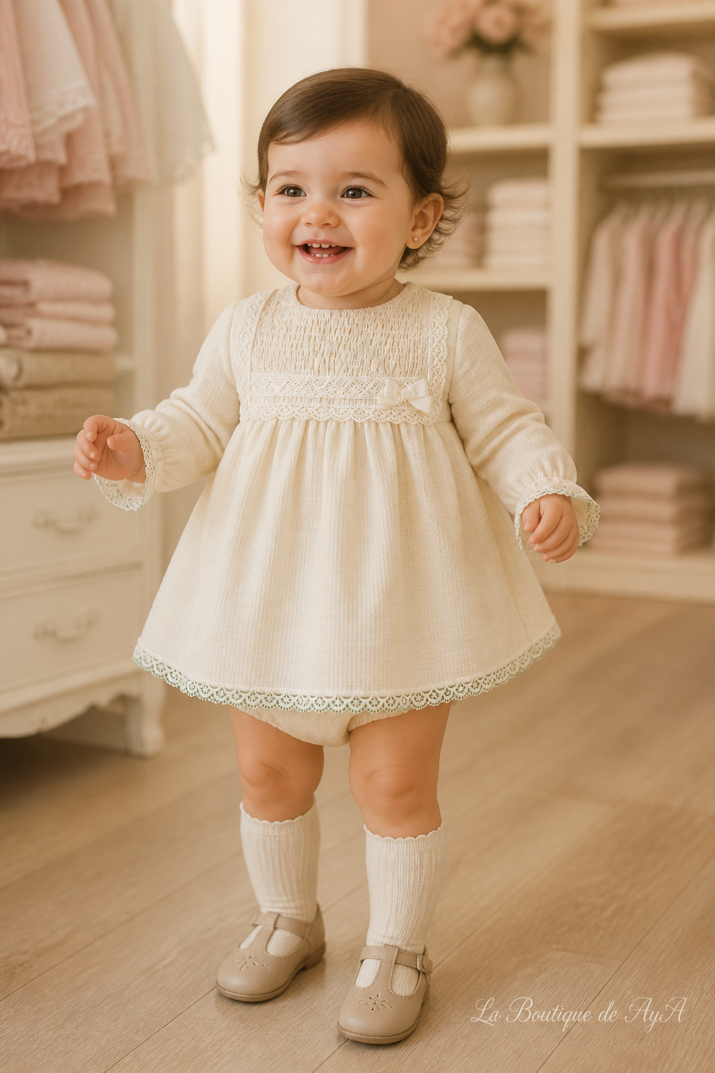 Bebé con vestido y braguita Miranda beige 40/0020/VB - modelo con marca de agua La Boutique de AyA