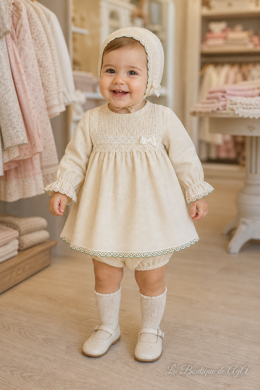 Bebé con vestido, braguita y capota Miranda beige 40/0020/VBG - modelo con marca de agua La Boutique de AyA