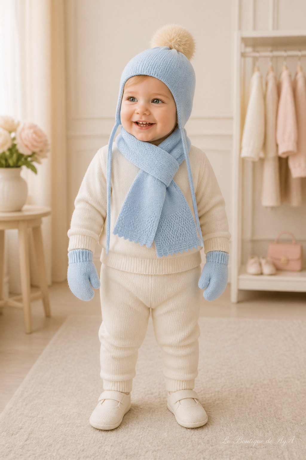 Bebé con bufanda, gorro y manoplas Miranda azul 40/0022/BGM - modelo con marca de agua La Boutique de AyA