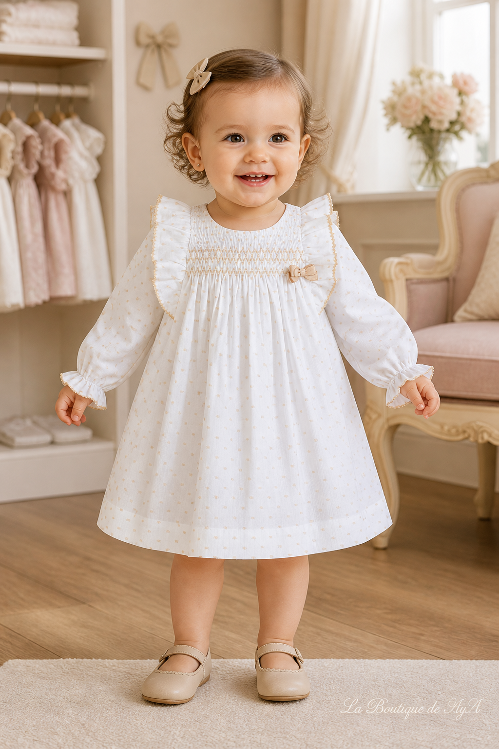 Bebé con vestido Miranda beige oscuro 40/0022/V - modelo con marca de agua La Boutique de AyA