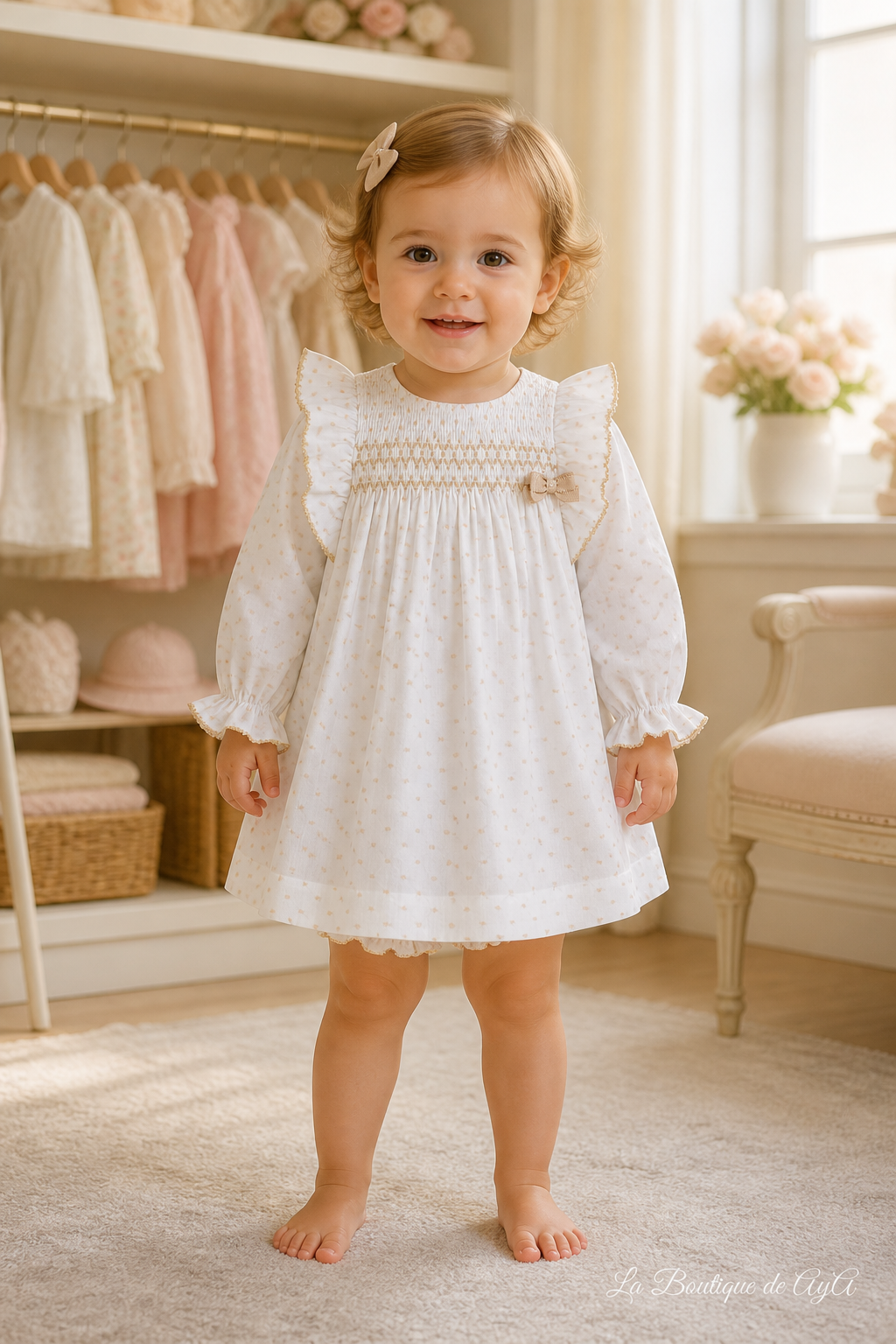 Bebé con vestido y braguita Miranda beige oscuro 40/0022/VB - modelo con marca de agua La Boutique de AyA