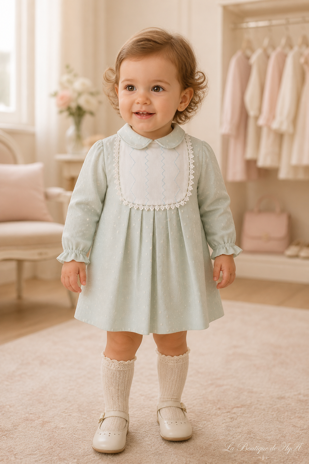 Bebé con vestido Miranda verde agua 40/0026/V - modelo con marca de agua La Boutique de AyA