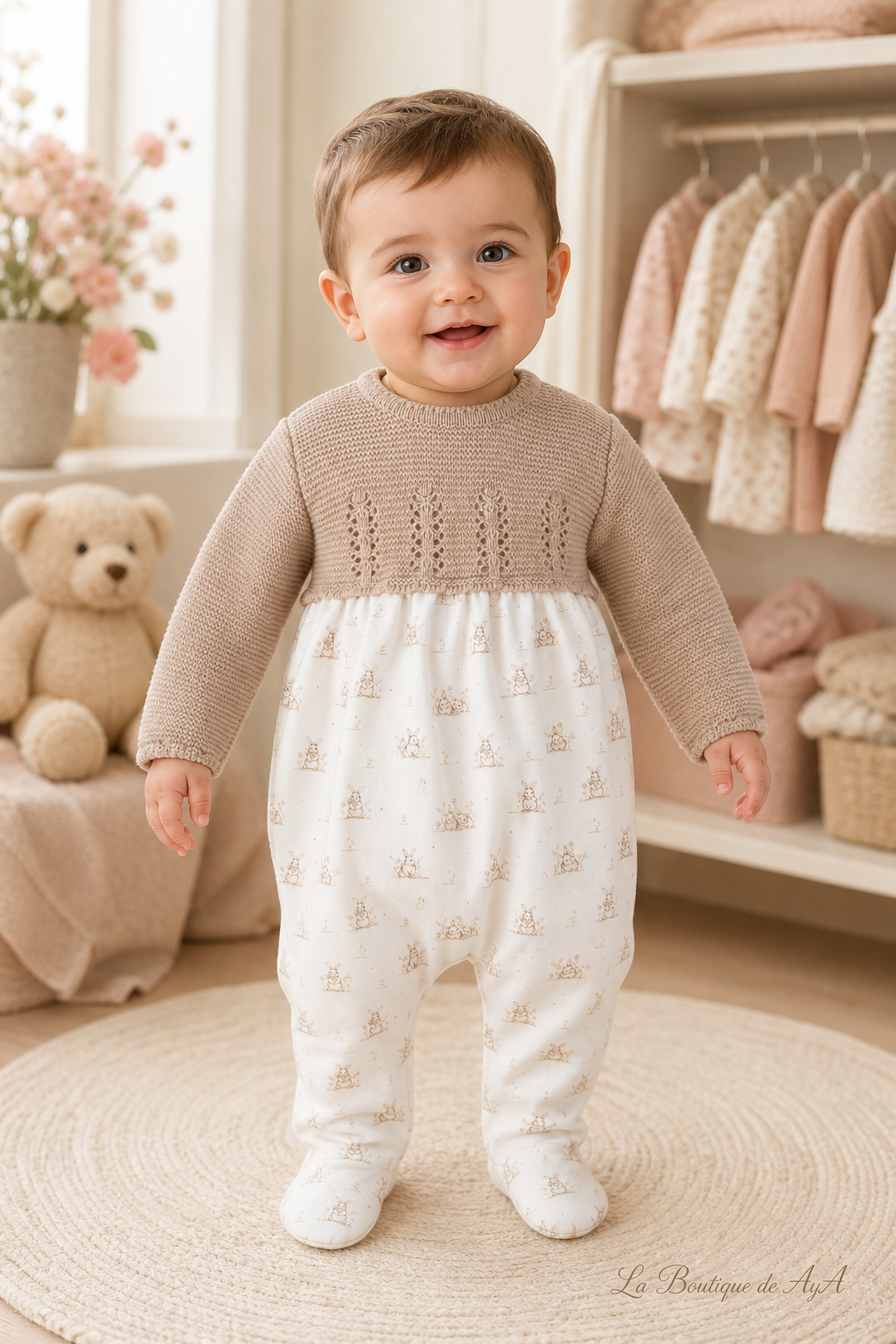 Bebé con pelele Miranda beige oscuro 40/0028/P - modelo con marca de agua La Boutique de AyA