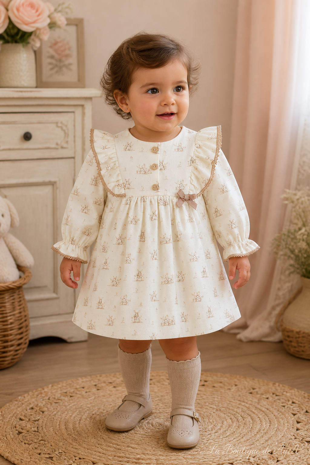 Bebé con vestido Miranda beige oscuro 40/0028/V - modelo con marca de agua La Boutique de AyA