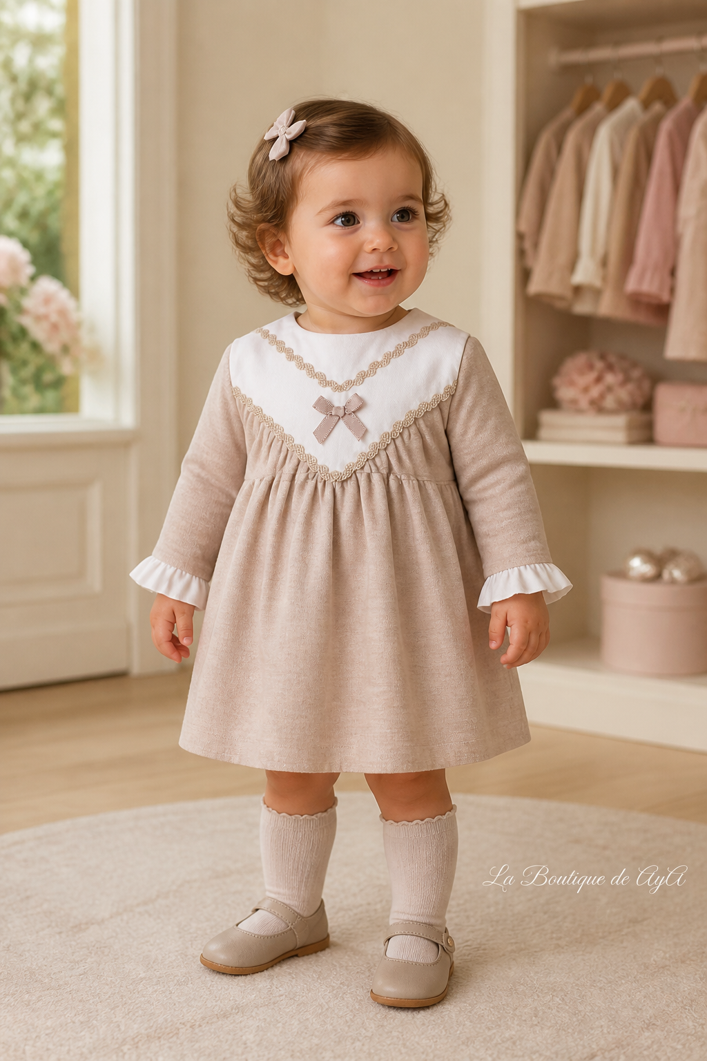Bebé con vestido Miranda beige oscuro 40/0029/V en boutique, marca de agua La Boutique de AyA