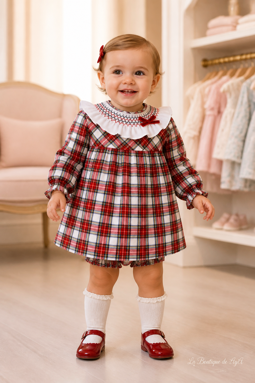 Bebé con vestido y braguita Miranda rojo 40/0032/VB en boutique, marca de agua La Boutique de AyA