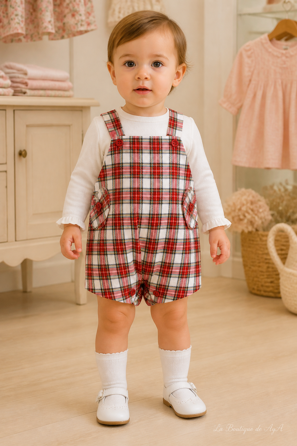 Bebé niño con peto Miranda rojo 40/0033/3 en boutique, marca de agua La Boutique de AyA