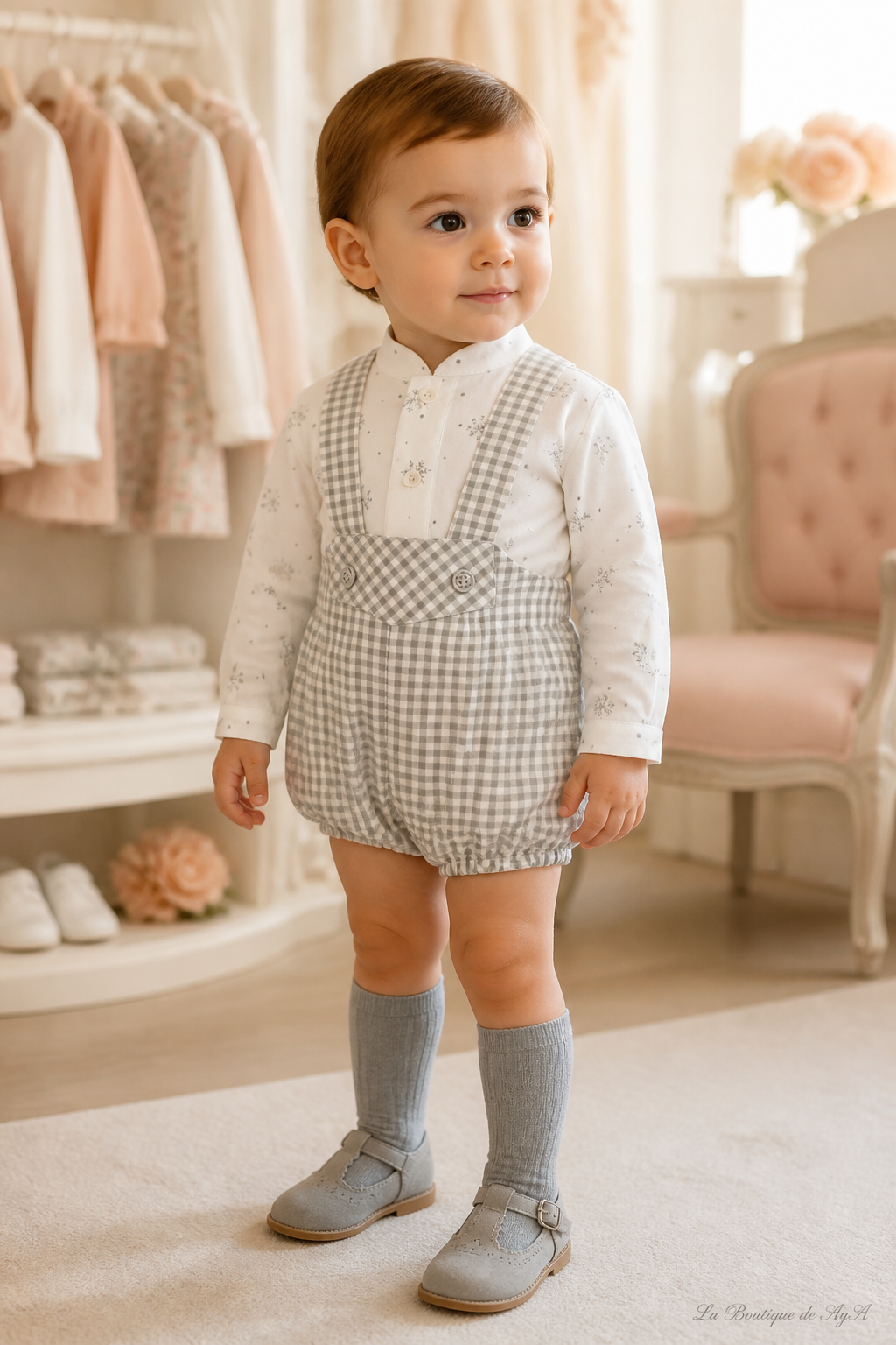 Bebé niño con conjunto Miranda gris 40/0034/23 en boutique, marca de agua La Boutique de AyA