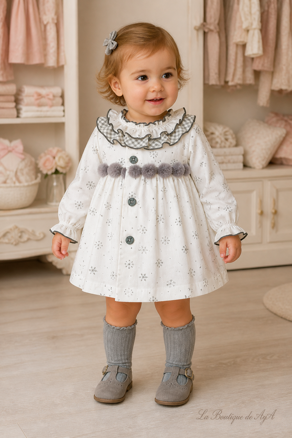 Bebé con vestido Miranda gris 40/0034/V en boutique, marca de agua La Boutique de AyA