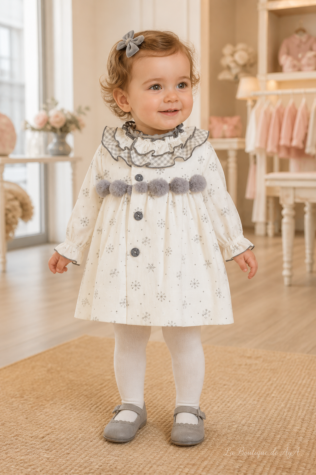 Bebé con vestido y braguita Miranda gris 40/0034/VB en boutique, marca de agua La Boutique de AyA