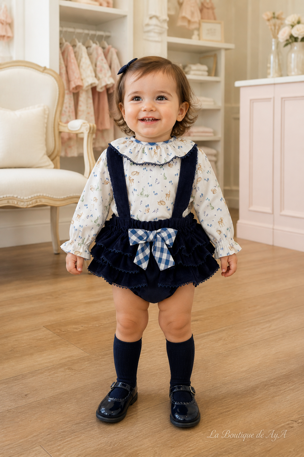 Bebé niña con conjunto Miranda marino claro 40/0036/23 en boutique, marca de agua La Boutique de AyA