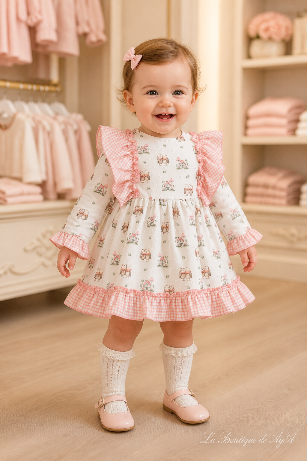 Bebé con vestido Miranda naranja 40/0040/V - modelo con marca de agua La Boutique de AyA